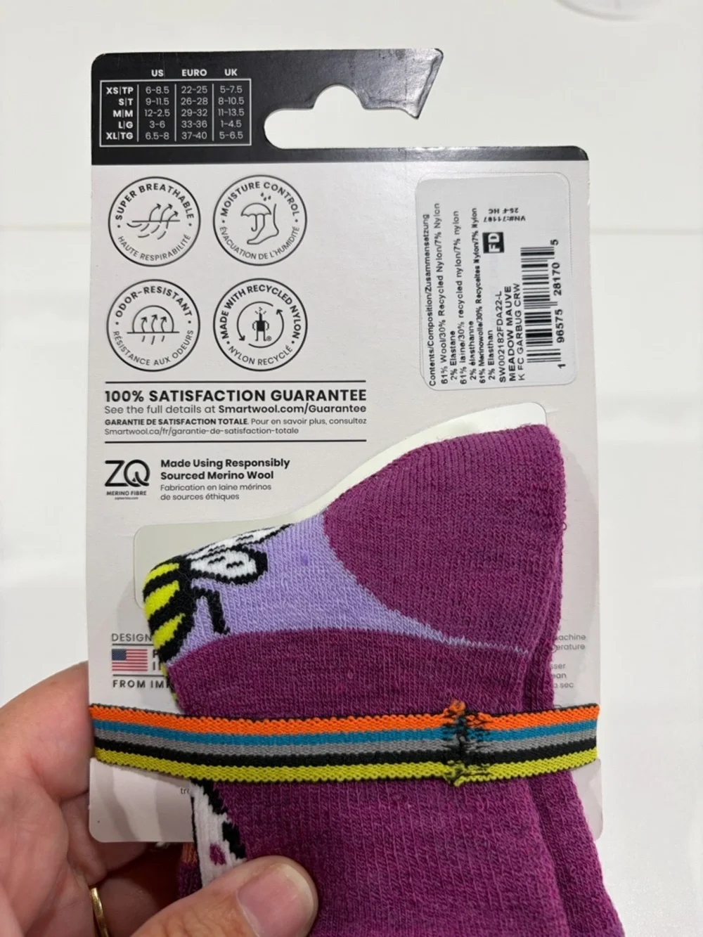 SmartWool Boys Girls Kids Large Garden Bugs Full-Cushion Hiking Socks Purple NWT